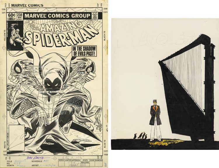 Okładka do Amazing Spider-man oraz praca Hugo Pratta z okładki katalogu Sotheby's.